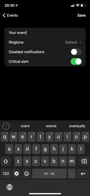 Events screen with Critical Alerts turned on